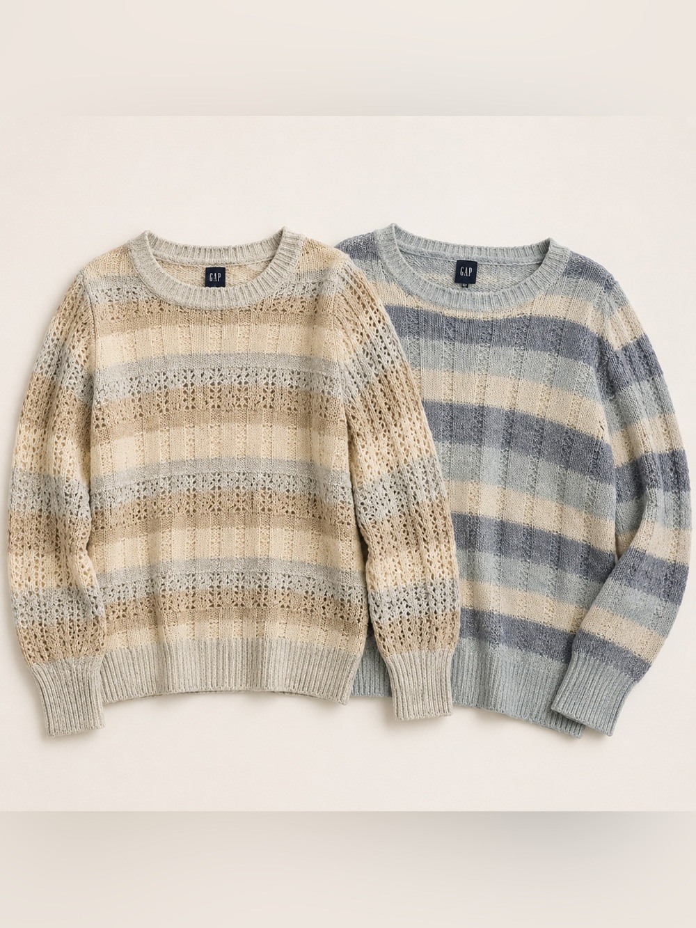 GAP Women Striped Open-Knit Crewneck Sweaters in Beige & Blue - Bundle of 2